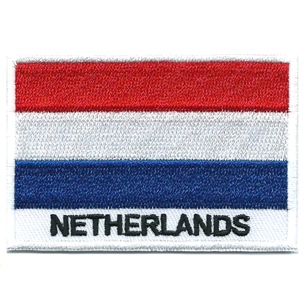 Embroidered iron on national flag of Netherlands with name text.