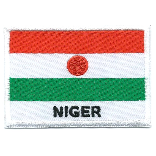 Embroidered iron on national flag of Niger with name text.