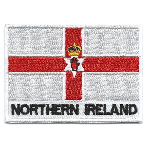 Embroidered iron on national flag of Northern Ireland with name text.