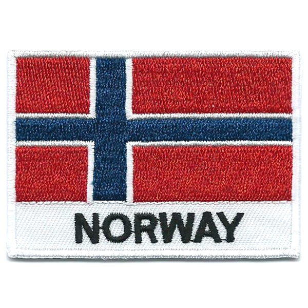 Embroidered iron on national flag of Norway with name text.