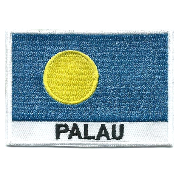 Embroidered iron on national flag of Palau with name text.