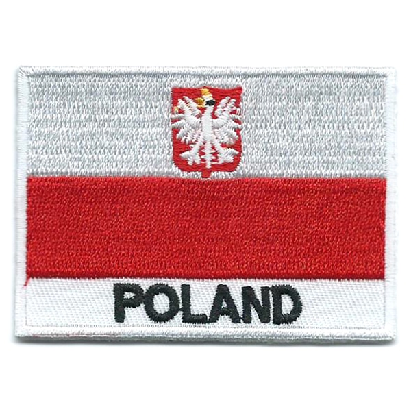 Embroidered iron on national flag of Poland with name text.