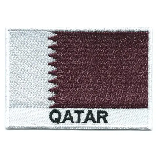 Embroidered iron on national flag of Qatar with name text.