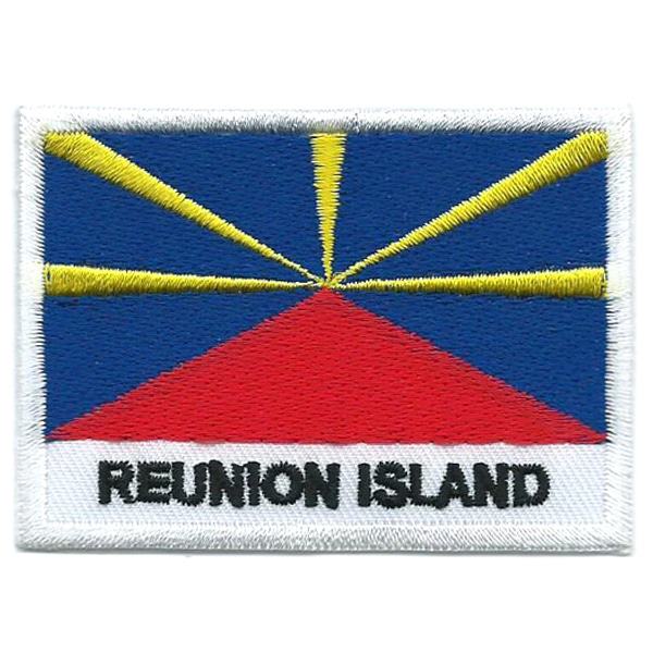 Embroidered iron on flag of Reunion Island with name text.