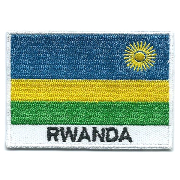 Embroidered iron on national flag of Rwanda with name text.
