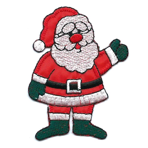 Embroidered patch of Santa Claus waving.