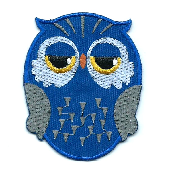 Blue iron on embroidered owl patch with black and yellow eyes.