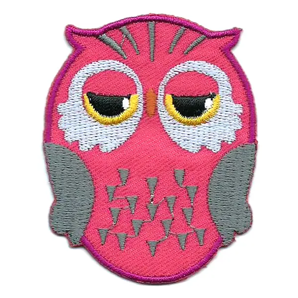 Pink iron on embroidered owl patch with black and yellow eyes.