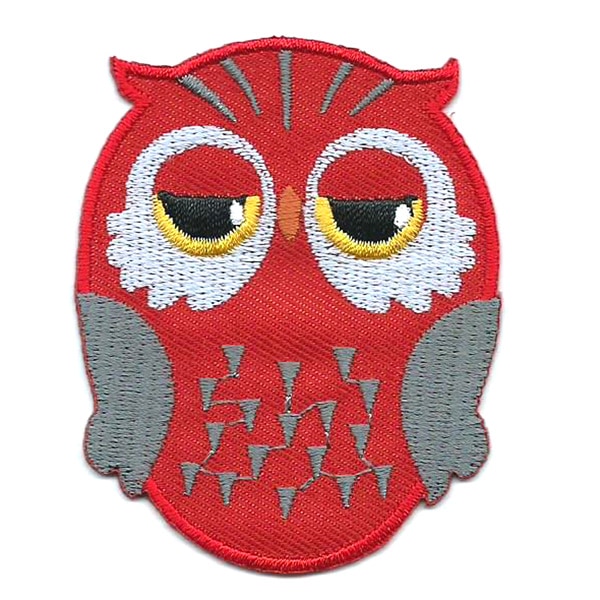 Red iron on embroidered owl patch with black and yellow eyes.
