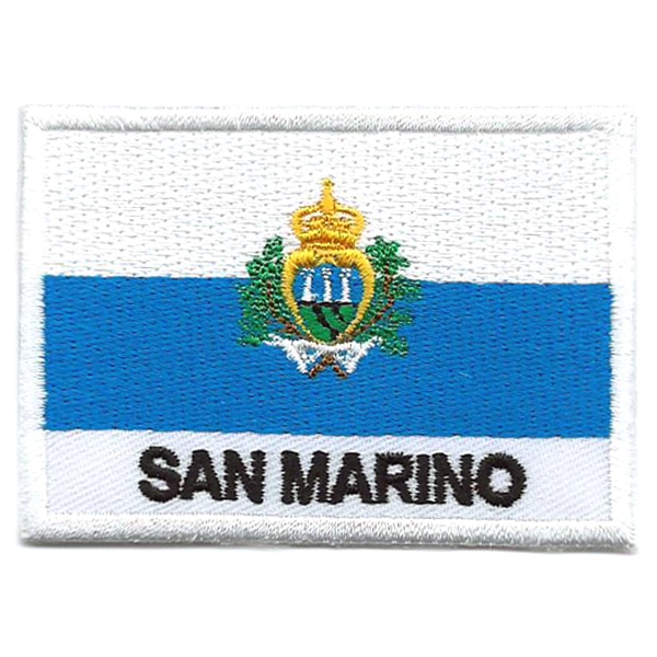 Embroidered iron on national flag of San Marino with name text.