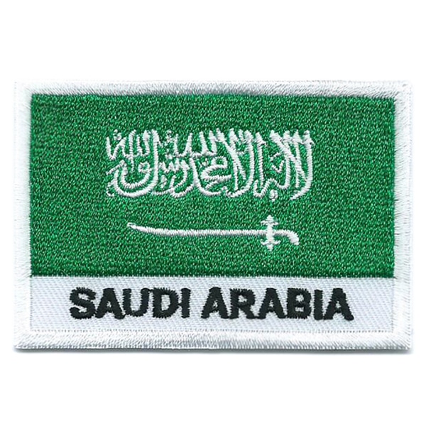 Embroidered iron on national flag of Saudi Arabia with name text.