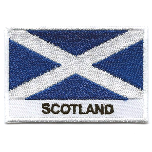 Embroidered iron on national flag of Scotland with name text.