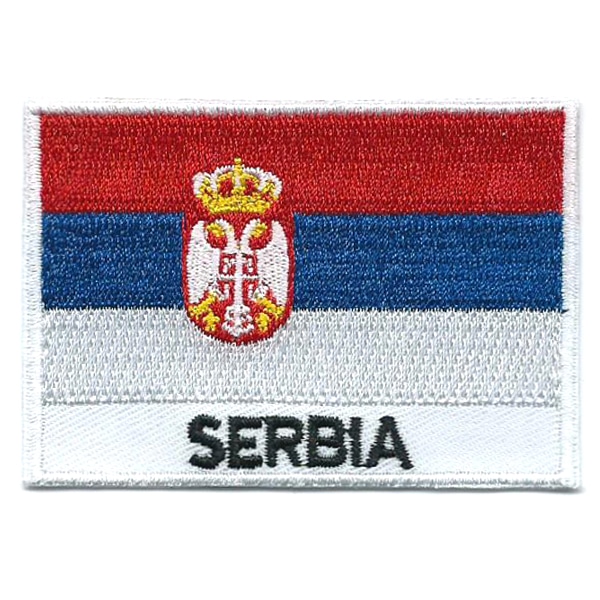 Embroidered iron on national flag of Serbia with name text.