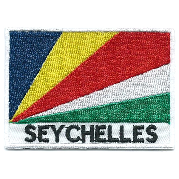 Embroidered iron on national flag of the Seychelles with name text.