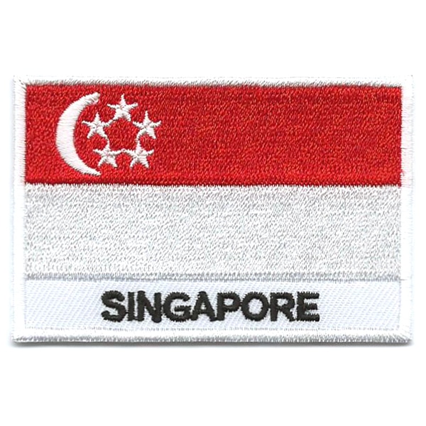 Embroidered iron on national flag of Singapore with name text.