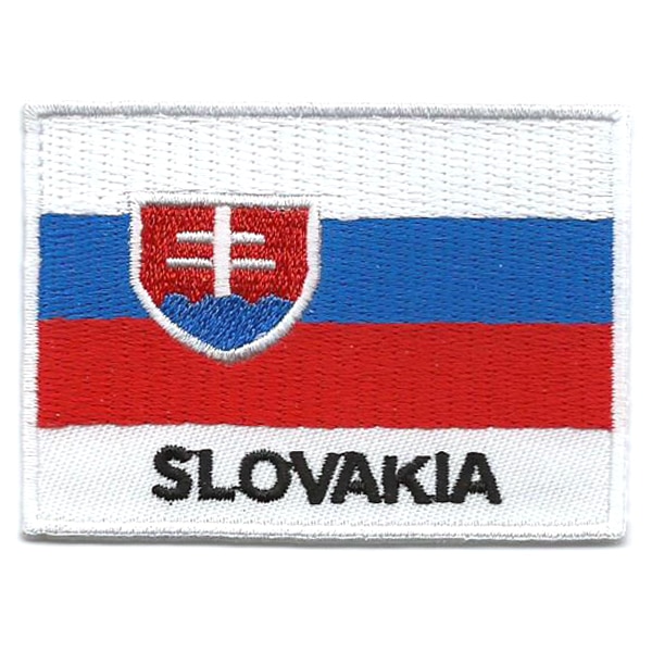 Embroidered iron on national flag of Slovakia with name text.