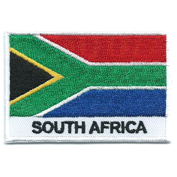 Embroidered iron on national flag of South Africa with name text.