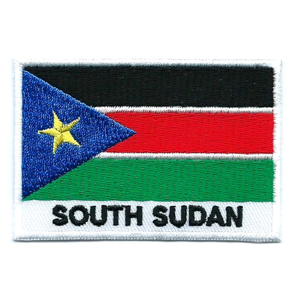 Embroidered iron on national flag of South Sudan with name text.