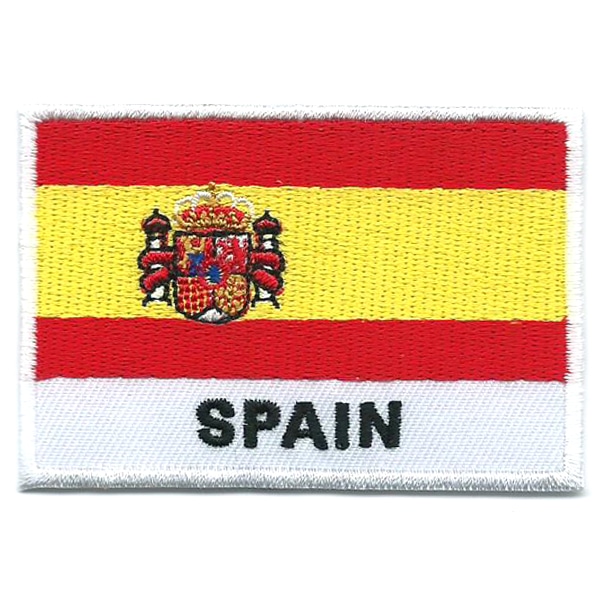 Embroidered iron on national flag of Spain with name text.