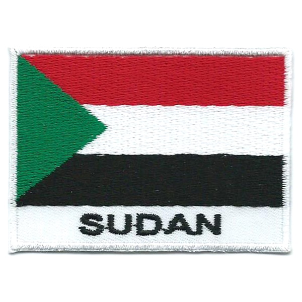 Embroidered iron on national flag of Sudan with name text.