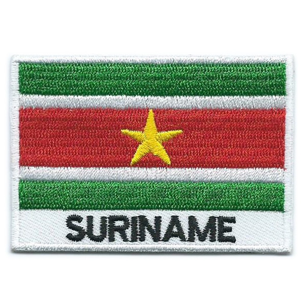 Embroidered iron on national flag of Suriname with name text.
