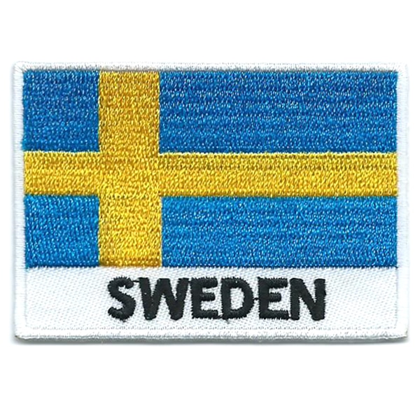 Embroidered iron on national flag of Sweden with name text.