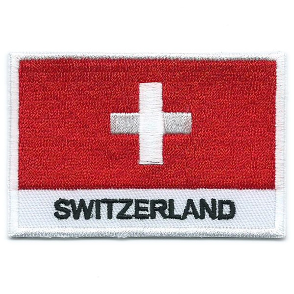 Embroidered iron on national flag of Switzerland with name text.