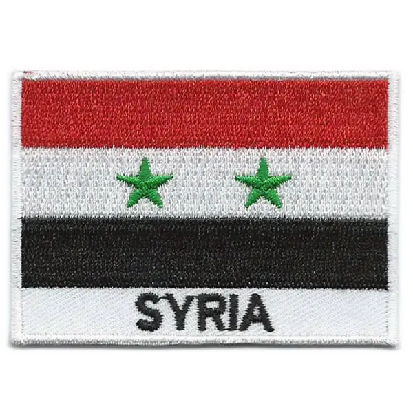 Embroidered iron on national flag of Syria with name text.