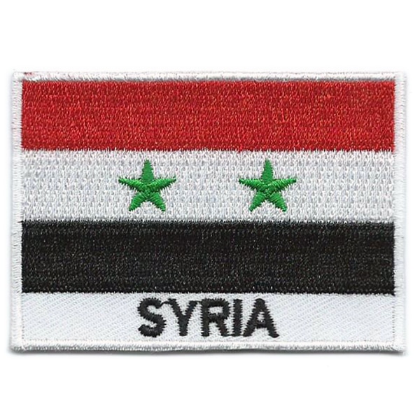 Embroidered iron on national flag of Syria with name text.