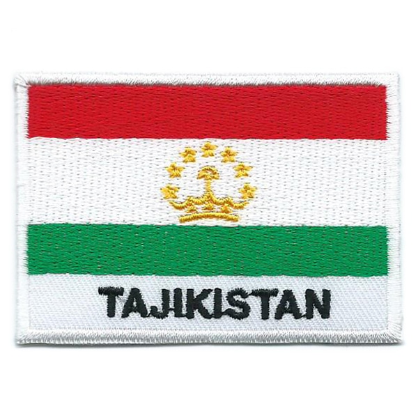 Embroidered iron on national flag of Tajikistan with name text.