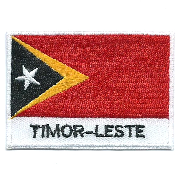 Embroidered iron on national flag of Timor-Leste with name text.