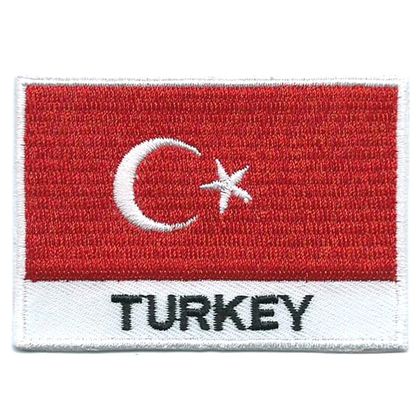 Embroidered iron on national flag of Turkey with name text.