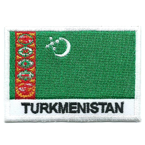 Embroidered iron on national flag of Turkmenistan with name text.