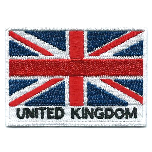 Embroidered iron on national flag of United Kingdom with name text.