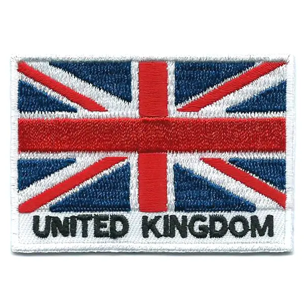 Embroidered iron on national flag of United Kingdom with name text.