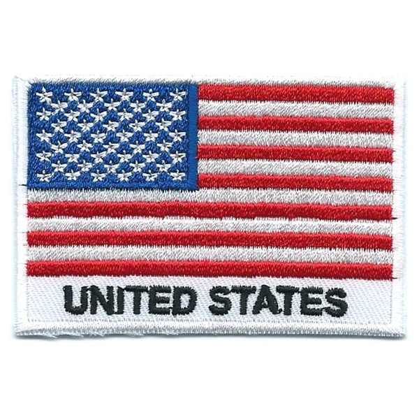 Embroidered iron on national flag of United States with name text.