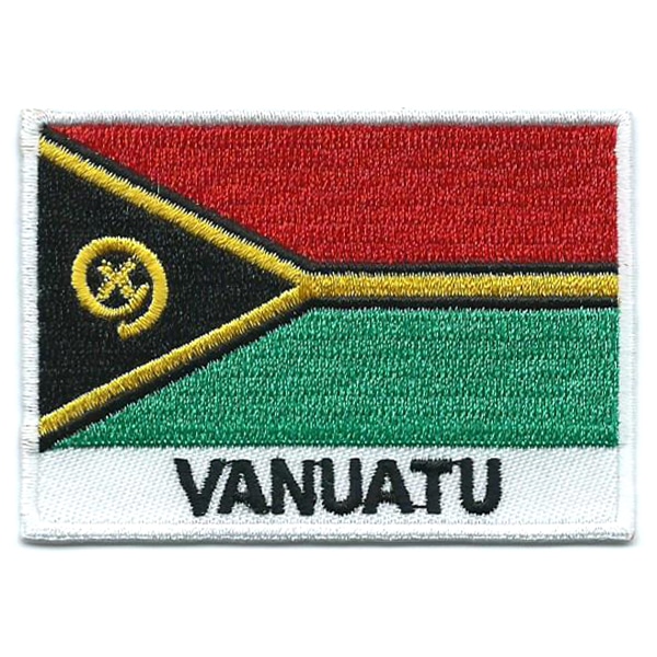 Embroidered iron on national flag of Vanuatu with name text.