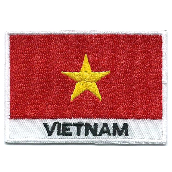 Embroidered iron on national flag of Vietnam with name text.