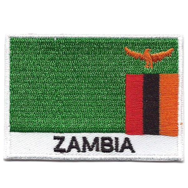 Embroidered iron on national flag of Zambia with name text.