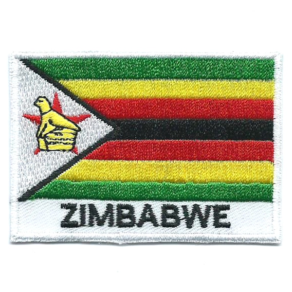 Embroidered iron on national flag of Zimbabwe with name text.
