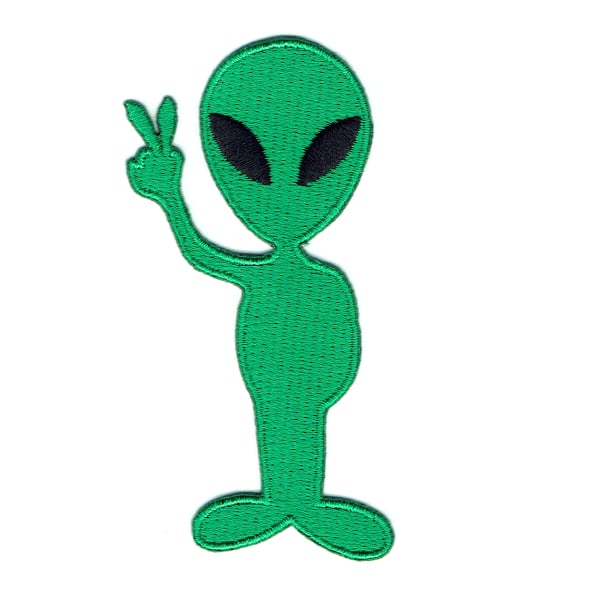Green iron on embroidered patch of alien making the peace sign with his fingers