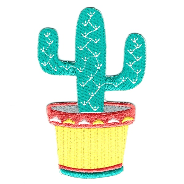 Iron on embroidered green cactus in yellow pot patch