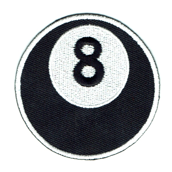 Iron on embroidered round black 8 ball patch