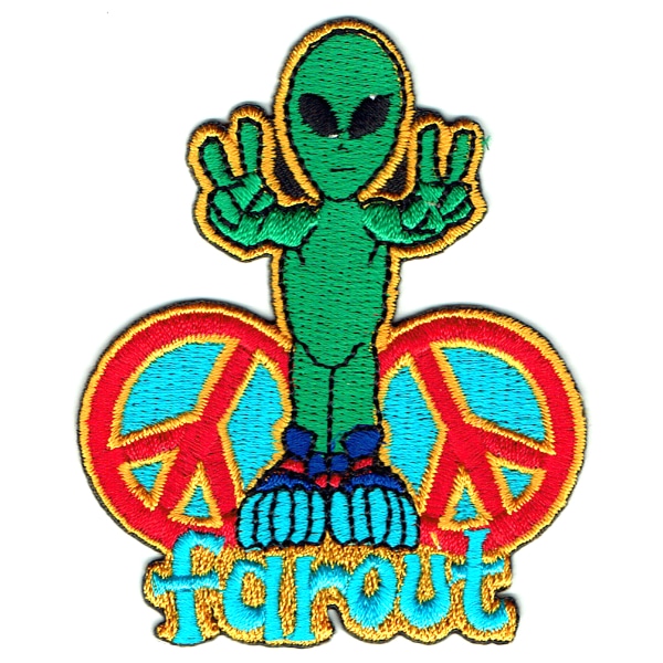 Iron on embroidered green farout alien peace patch