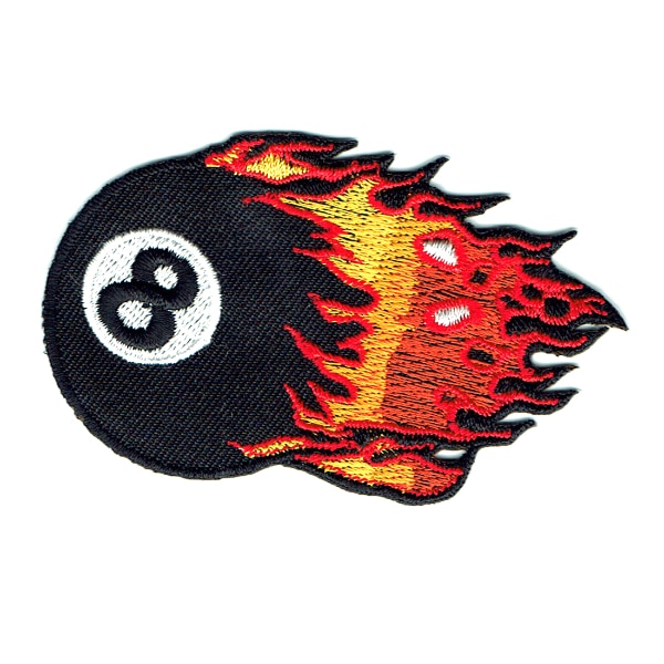 8-BALL EMBROIDERED IRON-ON PATCH eight POOL SHARK BILLIARDS FLAMING FLAMES FIRE 