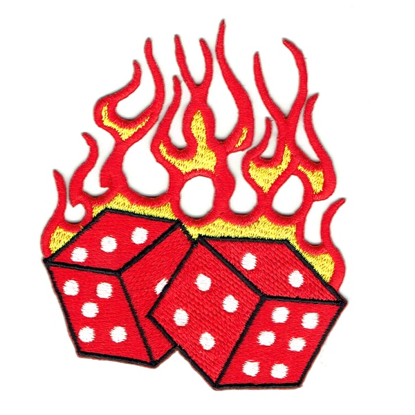 Iron on embroidered red hot flaming dice patch