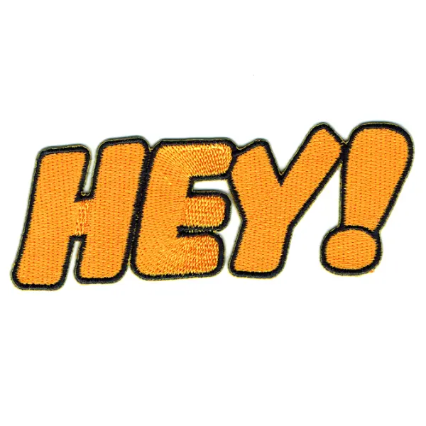 Yellow iron on embroidered word hey! patch