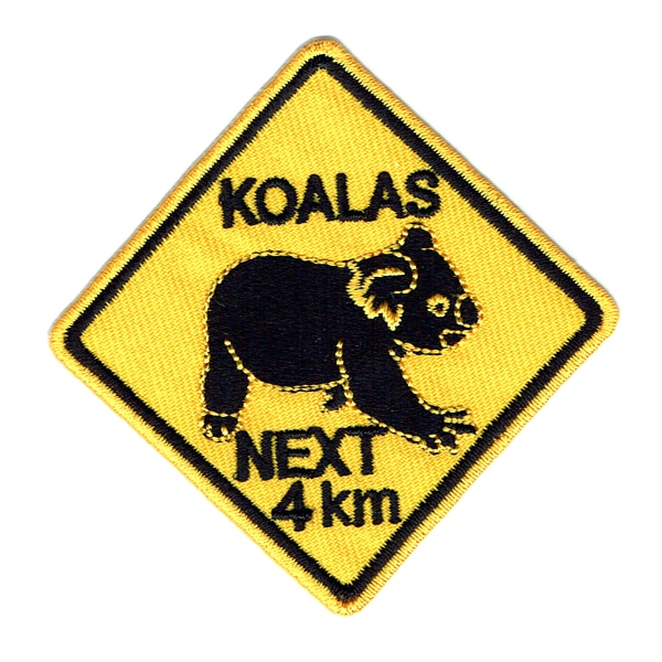 Iron on embroidered yellow koalas next 4km road sign patch