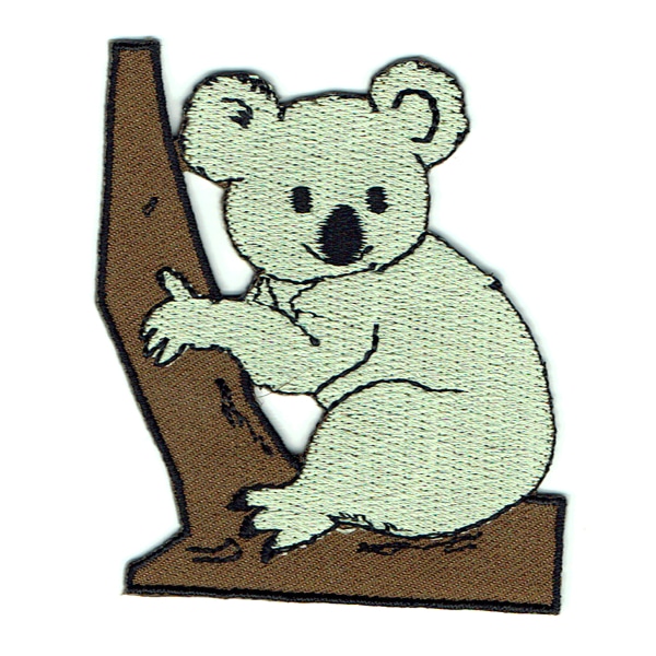 Iron on embroidered koala sitting in a tree patch