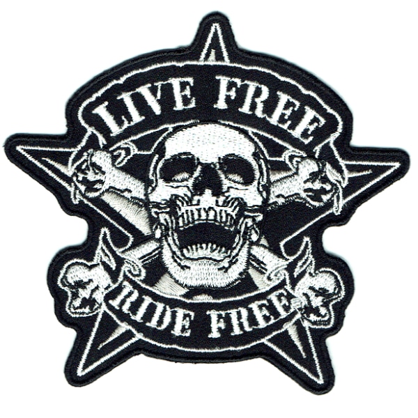Iron on embroidered live free ride free skull patch